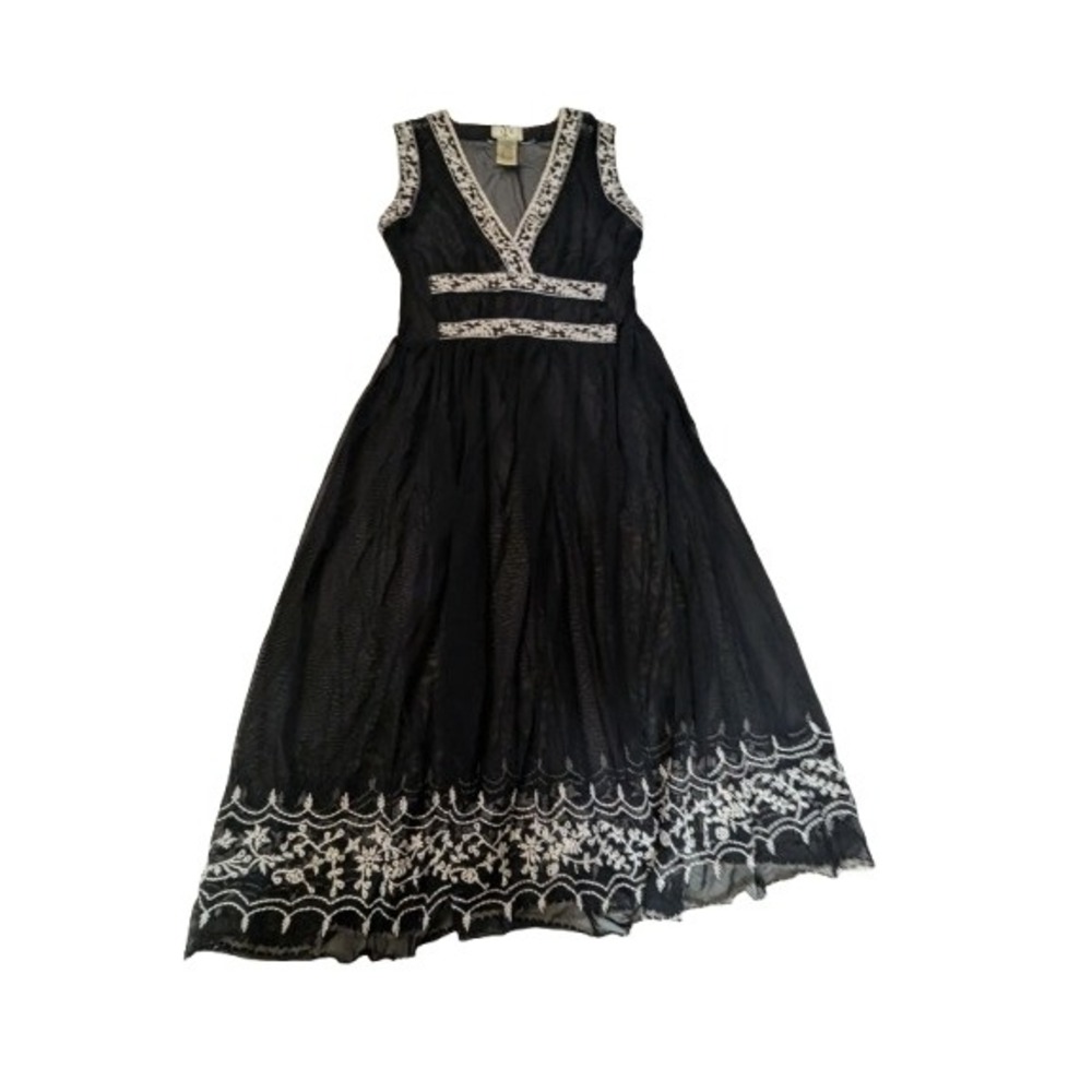 IXE Black‎ Sheer Mesh Embroidered Midi Dress Size 4 Y2K Whimsigoth Fairy Goth